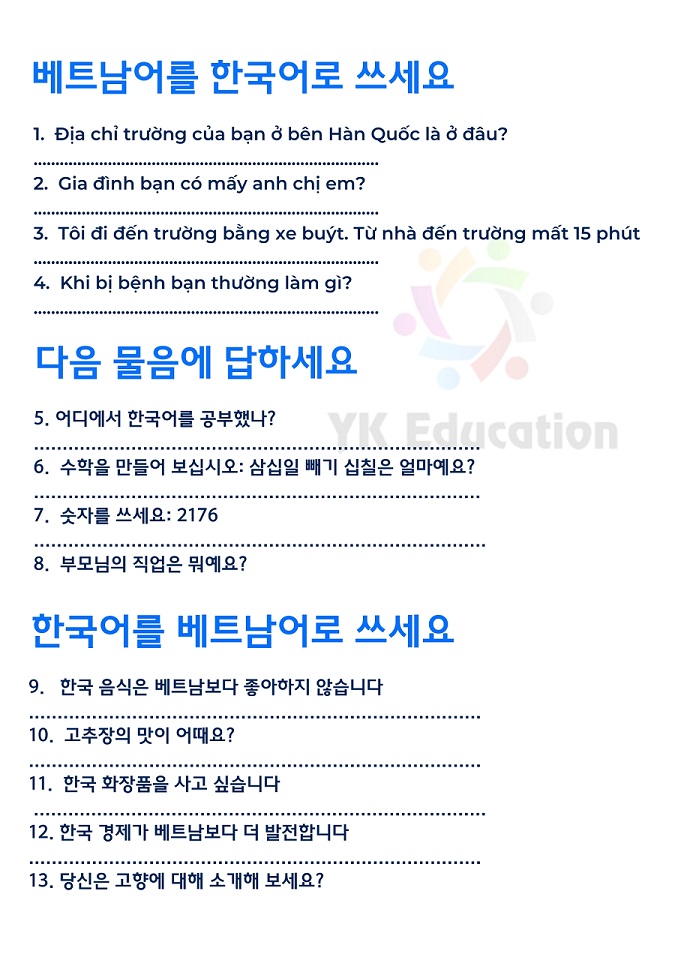 Phần 2: Dịch từ tiếng Việt sang Hàn & Trả lời câu hỏi & Dịch từ tiếng Hàn sang Việt