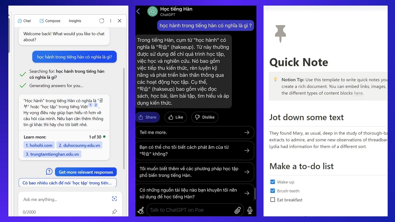 Các ứng dụng: Bing Chat; Chat GPT; Notion AI