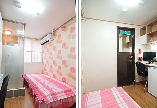 Goshiwon có phòng tắm và phòng vệ sinh riêng ở ngay trong phòng