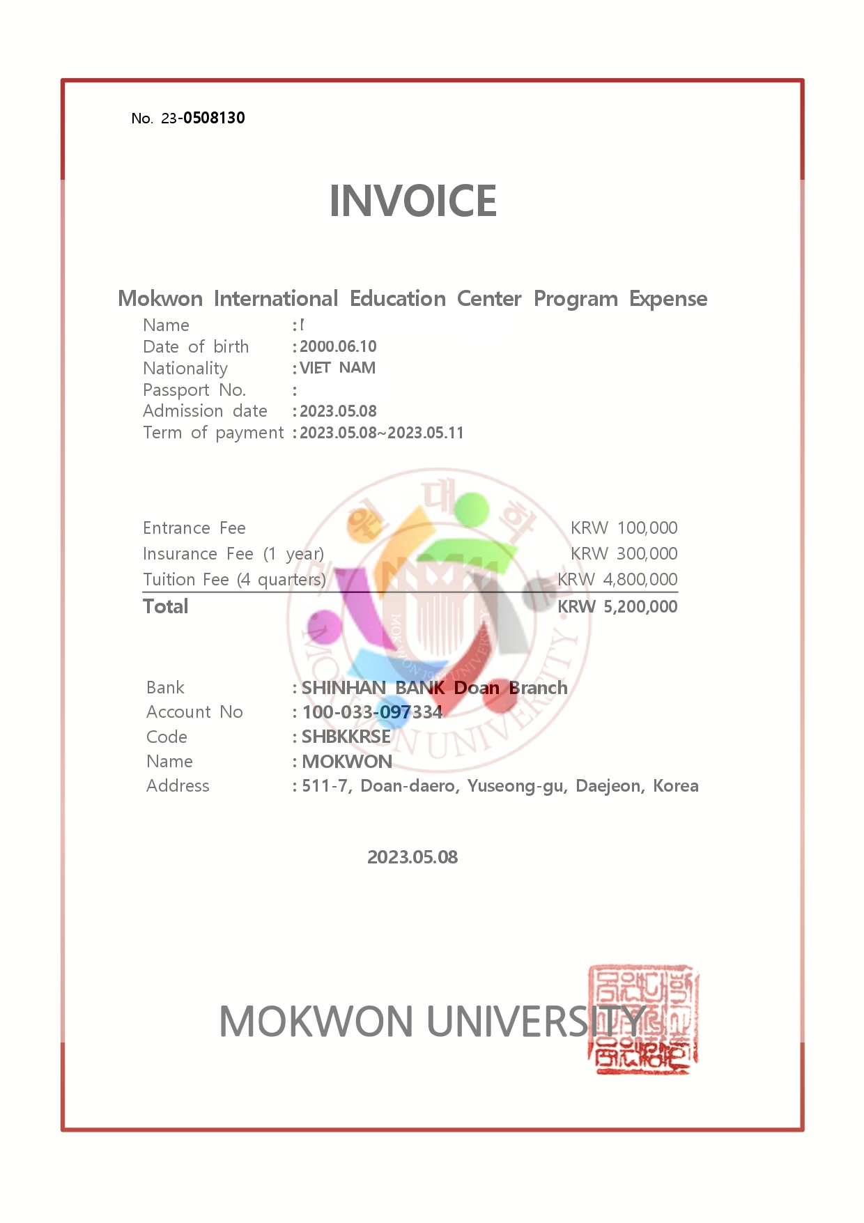 Invoice trường Đại học Mokwon - YK Education